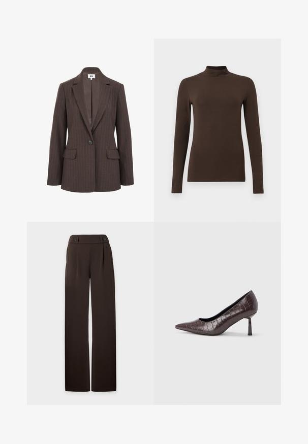 Brun stribet blazer med klapkrave, enkelt knaplukning og to forlommer. Glat indvendig foring i en mørkere nuance.; Brun langærmet turtleneck-top lavet af blødt stof. Tætsiddende design med høj krave og sømløse ærmer. Ingen synlige mønstre eller hardware.; Mørkebrune bukser med vide ben, høj talje, læg foran, bæltestropper og to dekorative knapper i linningen, vist på en ensfarvet baggrund.; Brune kunstlæder stiletter med spidse tæer og krokodilletekstur, der har en slank, vinklet hæl og en glat inderside.