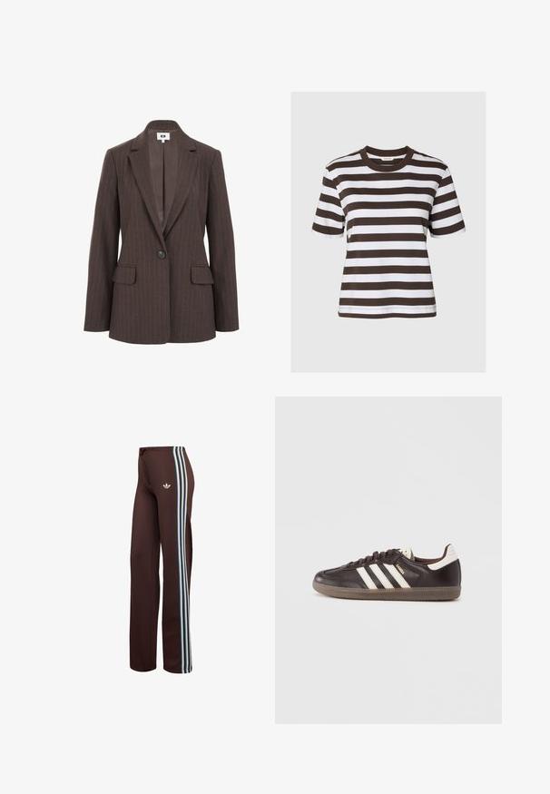 Brauner Blazer mit Nadelstreifen, mit Reverskragen, einem Knopfverschluss und zwei vorderen Taschen. Glatte Innenauskleidung in einem dunkleren Farbton.; Kurzärmeliges T-Shirt mit breiten horizontalen dunkelbraunen und weißen Streifen und rundem Halsausschnitt auf einfarbigem Hintergrund.; Braune Sporthose mit blauen Streifen an den Seiten und einem Kordelzug in der Taille. Hergestellt aus einem weichen, glatten Stoff mit lockerem Schnitt.; Dunkelbraune Ledersneaker mit weißem Drei-Streifen-Design, einer Gummisohle und dem Schriftzug "Samba" in goldener Schrift an der Seite. Klassische, niedrige Form.