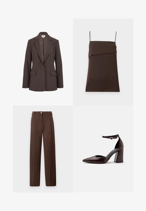 Brauner Blazer mit Nadelstreifen, mit Reverskragen, einem Knopfverschluss und zwei vorderen Taschen. Glatte Innenauskleidung in einem dunkleren Farbton.; Dunkelbraunes ärmelloses Minikleid mit dünnen Spaghettiträgern und einem geraden Ausschnitt mit mehrlagigem Stoffdetail.; Hoch taillierte, braune gerade Hose mit Frontknopf, Reißverschluss, Gürtelschlaufen und seitlichen Taschen vor neutralem Hintergrund.; Dunkelbrauner Leder-Pumps mit spitzer Kappe, hohem Absatz, Knöchelriemen und silberner Schnalle auf weißem Hintergrund.