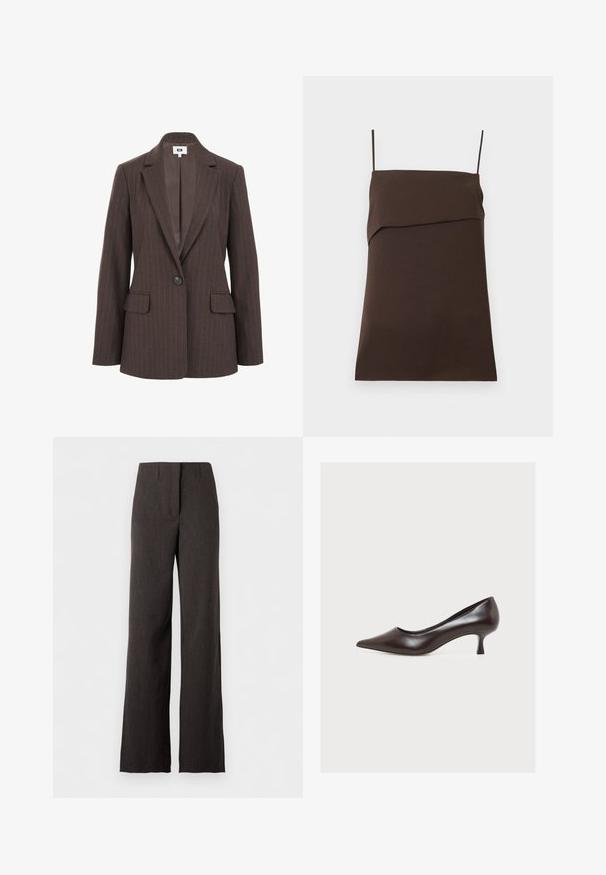 Brun stribet blazer med klapkrave, enkelt knaplukning og to forlommer. Glat indvendig foring i en mørkere nuance.; Mørkebrun ærmeløs minikjole med tynde spaghetti stropper og en ligeudskåret halsudskæring med lagdelt stofdetalje.; Mørkegrå viddeben bukser med høj talje, frontsøm og skjult lukning, vist på en hvid baggrund.; Mørkebrun læderstilet med spids tå, lav hæl og glat finish, vist fra siden på ensfarvet hvid baggrund.