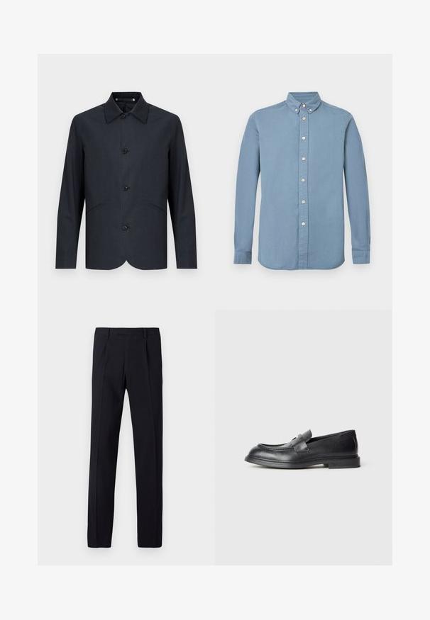 Chaqueta azul marino oscuro hecha de tela lisa, con corte recto, cuello puntiagudo, seis botones y dos bolsillos delanteros.; Camisa de manga larga de color azul claro hecha de algodón, con cuello abotonado, botonadura completa y puños estándar. Textura suave.; Pantalones negros con acabado texturizado, con corte recto, presillas para cinturón y pliegues marcados en la parte delantera. Sin bolsillos visibles.; Mocasines de cuero negro con acabado texturizado, que cuentan con una correa decorativa en la parte delantera y punta redondeada. Suela de goma para mayor durabilidad.