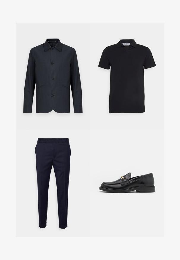 Σκούρο μπλε σακάκι φτιαγμένο από λείο ύφασμα, με ευθεία γραμμή, μυτερό γιακά, έξι κουμπιά και δύο μπροστινές τσέπες.; Μαύρο κοντομάνικο πουκάμισο πόλο με κλασικό γιακά, φτιαγμένο από λείο ύφασμα. Διαθέτει ετικέτα με το όνομα της μάρκας 'Filippa K' στο στόμιο.; Σκούρο μπλε παντελόνι με λεία υφή, διαθέτει ελαστική μέση και αναδιπλωμένα μανίκια, σχεδιασμένο σε στενή γραμμή με πλαϊνές τσέπες.; Μαύρες δερμάτινες loafers με στρογγυλή μύτη, διακοσμημένες με χρυσά αξεσουάρ και λεπτομέρειες ραφής, τοποθετημένες σε χαμηλή, υφασμάτινη ελαστική σόλα.