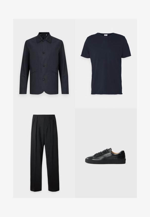 Chaqueta azul marino oscuro hecha de tela lisa, con corte recto, cuello puntiagudo, seis botones y dos bolsillos delanteros.; Camiseta de algodón azul marino con cuello redondo y mangas cortas, de textura suave y diseño simple, sin patrones ni acentos visibles.; Pantalones formales negros con pliegues, trabillas para cinturón y cierre de botón en la cintura, exhibidos sobre un fondo claro y liso.; Zapatilla negra de cuero con una textura suave, puntera redonda y cierre de cordones. Presenta una suela de goma gruesa y un detalle de marca mínimo.