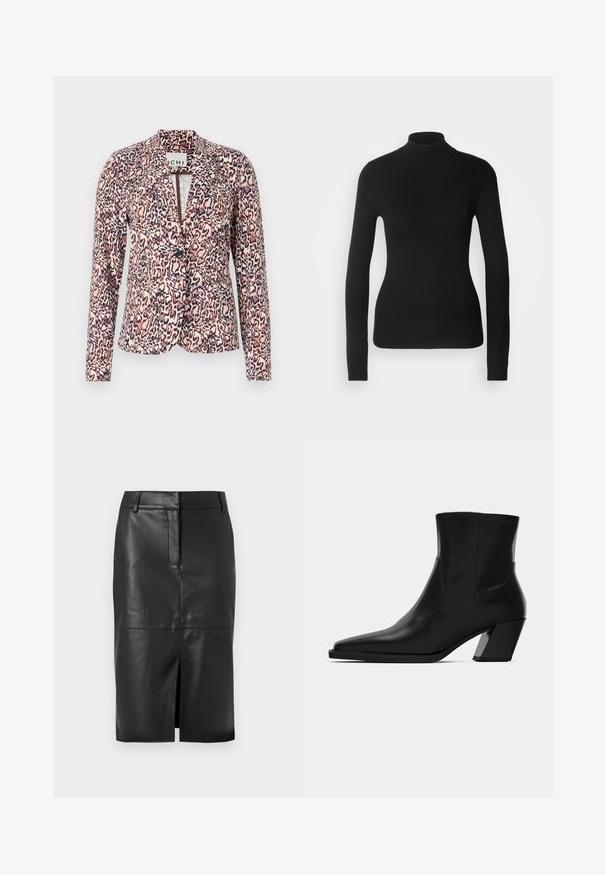 Blazer de estampado de leopardo en tonos rosa y beige, con cierre de botón único, ajuste entallado y mangas largas. Tejido suave con un diseño estructurado.; Suéter negro de cuello alto hecho de un tejido de punto ligero. Presenta mangas largas, un diseño ajustado y una suave textura acanalada.; Falda lápiz de cuero negro con una abertura frontal, que presenta una textura suave, dos bolsillos laterales y una silueta ajustada.; Bota de tobillo de cuero negro con punta afilada, una silueta elegante y un tacón cuadrado grueso. Textura suave con detalles de costura mínimos.