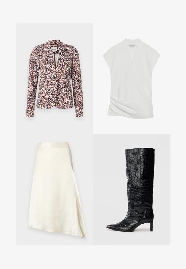 Blazer de estampado de leopardo en tonos rosa y beige, con cierre de botón único, ajuste entallado y mangas largas. Tejido suave con un diseño estructurado.; Blusa blanca de manga corta con un diseño cruzado, que presenta un sutil drapeado en el dobladillo y una textura suave y ligera. La etiqueta dice "ANNA FIELD."; Una falda de crema, de longitud a la rodilla, hecha de un suave tejido de satén con un leve brillo. Presenta un diseño en forma de A y una cintura fruncida para un mejor ajuste.; Botas negras de media caña con textura brillante de patrón de cocodrilo, punta afilada y tacón cónico. Material sintético liso.