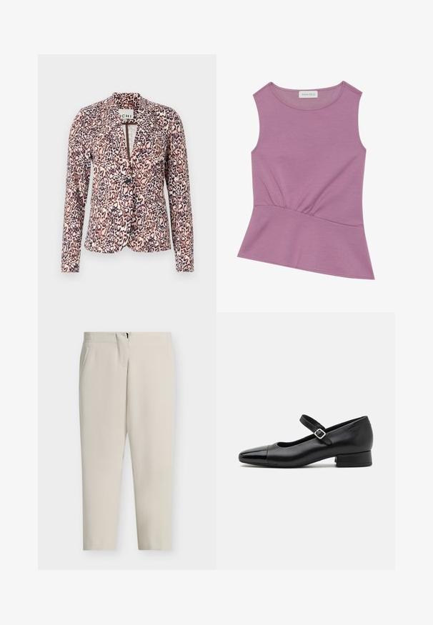 Blazer de estampado de leopardo en tonos rosa y beige, con cierre de botón único, ajuste entallado y mangas largas. Tejido suave con un diseño estructurado.; Top sin mangas de color lila con escote redondo y detalle fruncido en la cintura, con ligera apertura en el dobladillo.; Pantalones beige a medida con pierna recta, bolsillos laterales y cierre frontal con cremallera. Tejido liso con un diseño limpio y minimalista.; Zapatos Mary Jane de cuero negro con puntera de charol, correa de tobillo ajustable y tacón bajo. Textura suave y diseño elegante.