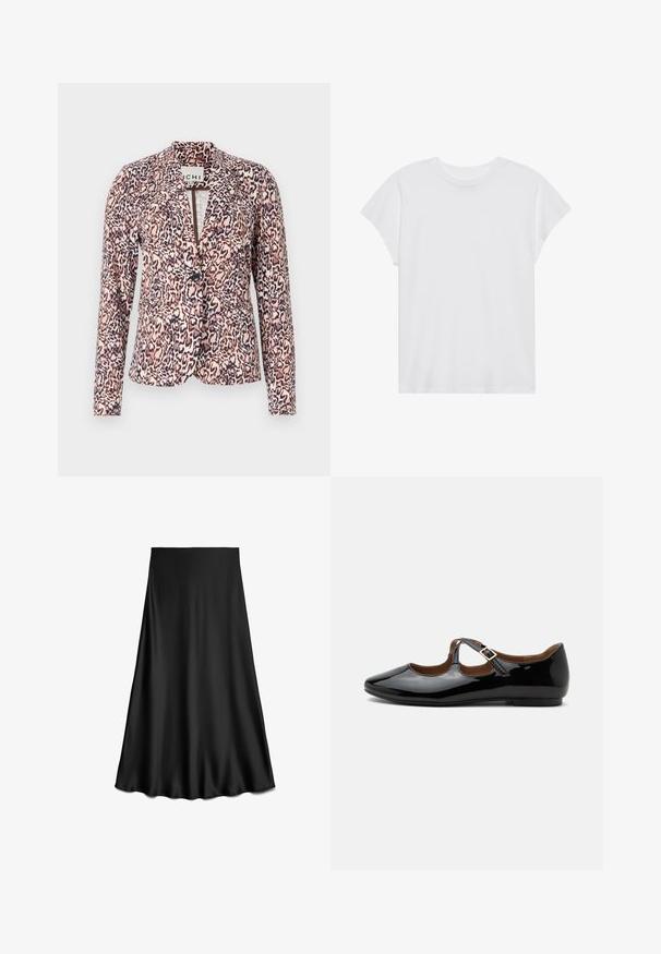 Luipaardprint blazer in roze en beige tinten, met een enkele knoopsluiting, getailleerde pasvorm en lange mouwen. Zachte stof met gestructureerd ontwerp.; Witte t-shirt met korte mouwen, ronde hals, relaxte pasvorm, gemaakt van zacht katoen. Glad textuur, geen patronen of logo's.; Zwarte satijnen A-lijn rok met een gladde textuur en vloeiende zoom, knielengte, weergegeven op een witte achtergrond.; Zwarte lakleren Mary Jane platte schoen met twee uitsparingen en een gouden gespbandje op een witte achtergrond.