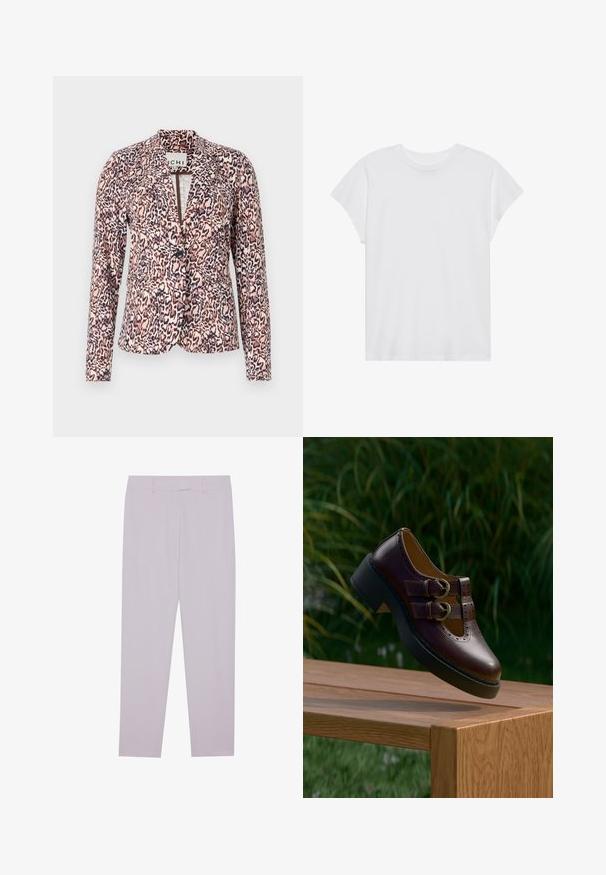Blazer de estampado de leopardo en tonos rosa y beige, con cierre de botón único, ajuste entallado y mangas largas. Tejido suave con un diseño estructurado.; Camiseta blanca de manga corta con cuello redondo, corte relajado, hecha de suave tela de algodón. Textura lisa, sin estampados ni logotipos.; Pantalones lilas claros hechos de una tela suave, con un corte entallado, trabillas para cinturón y un diseño de pierna recta.; Zapato de cuero marrón oscuro con correas de doble hebilla, detalles perforados y suela negra gruesa, suspendido sobre una mesa de madera al aire libre.