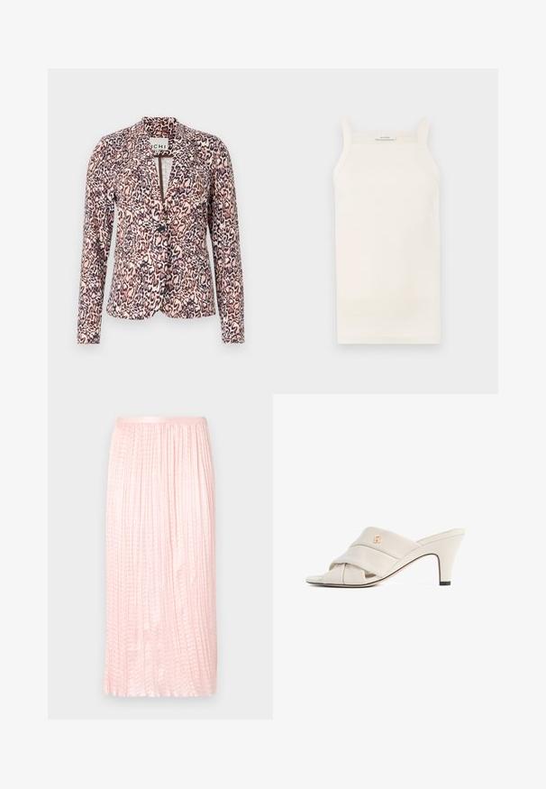 Luipaardprint blazer in roze en beige tinten, met een enkele knoopsluiting, getailleerde pasvorm en lange mouwen. Zachte stof met gestructureerd ontwerp.; Crème geribbelde tanktop met dunne bandjes, aansluitend ontwerp en rechte zoom. Label leest "IVY OAK." Het materiaal lijkt zacht en rekbaar te zijn.; Plissé midi-rok in zachtroze, met een soepele textuur en een elastische tailleband. Ontworpen met verticale plooien voor een vloeiende uitstraling.; Beige hoge hakken mules met een gedraaide lederen band, open teen en een reliëf logo-accent. De hak heeft een zwarte puntdetail.