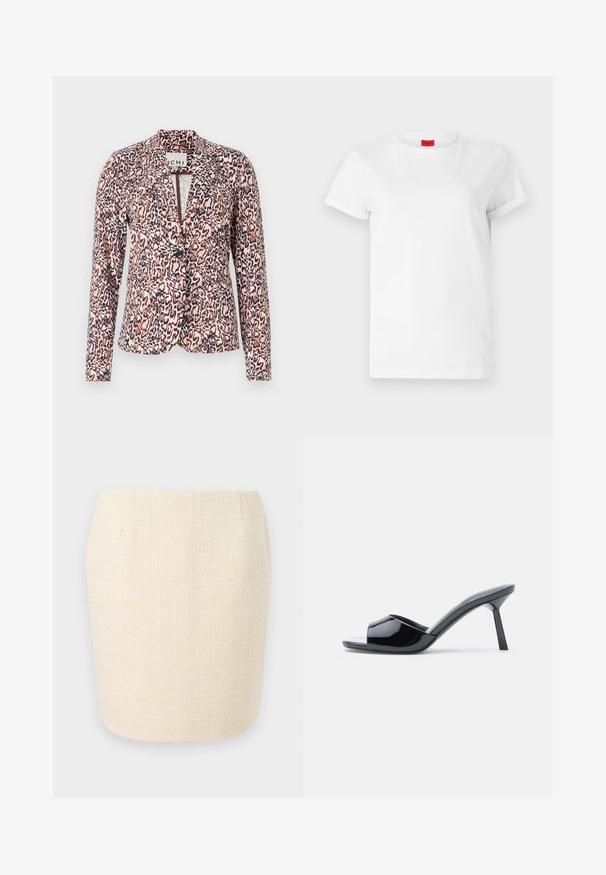 Blazer de estampado de leopardo en tonos rosa y beige, con cierre de botón único, ajuste entallado y mangas largas. Tejido suave con un diseño estructurado.; Camiseta blanca de manga corta hecha de algodón ligero. Presenta un escote redondo y mangas enrolladas. Etiqueta de logo roja en el cuello.; Falda de lápiz tejida en color crema con un acabado texturizado, que presenta una silueta recta y líneas verticales sutiles en todo su diseño.; Sandalias de tacón con punta abierta de charol negro, con un diseño superior curvado y tacón de aguja cónico. Acabado liso y brillante.