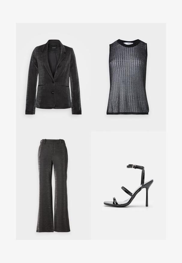 Blazer noir en tissu texturé, avec fermeture à un bouton, deux poches avant et un design de revers classique, doté d'une doublure intérieure lisse.; Top noir sans manches avec un motif tissé texturé, doté d'un col rond et d'un ourlet côtelé contrastant aux emmanchures.; Pantalons noirs évasés en tissu texturé et brillant. Comprend une taille, des poches devants et une coupe droite jusqu'à l'ourlet.; Sandales à talons hauts en cuir verni noir avec trois sangles horizontales et une sangle de cheville ajustable. Silhouette élégante et finition brillante.