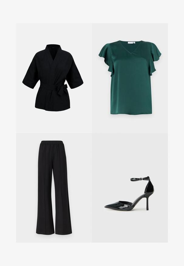 Veste portefeuille style kimono noire avec larges manches trois-quarts et ceinture nouée à la taille sur fond uni.; Blouse en satin vert foncé avec col en V et manches volantes sur fond blanc uni.; Pantalon noir à jambes larges avec taille élastique et détails de coutures verticales, présenté sur un fond blanc uni.; Chaussure à talons hauts en cuir verni noir avec bout pointu, bride autour de la cheville et talon aiguille fin ; texture lisse et brillante avec un design minimaliste.