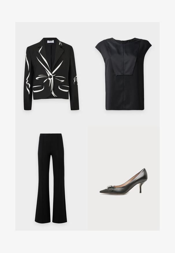 Μαύρο tailored σακάκι με λευκά αφηρημένα μοτίβα βουρτσισμάτων, κλείσιμο με ένα κουμπί, γιακάδες με σχισμές και εμπρόσθιες τσέπες με καπάκι.; Μαύρο κοντομάνικο μπλουζάκι φτιαγμένο από λείο ύφασμα, με φαρδύ λαιμόκοψη, ορθογώνια σχεδίαση μπροστά και διακριτικό φερμουάρ στην πλάτη.; Μαύρο φούστα παντελόνι με ψηλή μέση, φτιαγμένο από ελαστικό ύφασμα. Διαθέτει κατακόρυφες ραφές στην μπροστινή πλευρά και απαλή υφή.; Μαύρο δερμάτινο γυναικείο παπούτσι με μυτερή μύτη, μεσαίο τακούνι στιλέτο και ασημένια αγκράφα στο μπροστινό μέρος, εμφανίζεται σε απλό ανοιχτό φόντο.