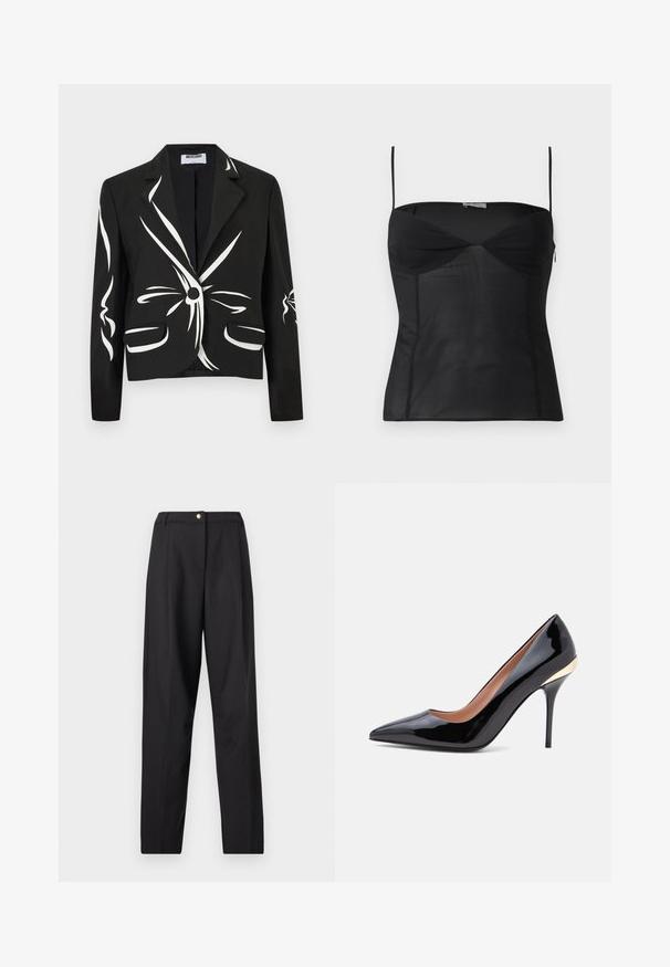 Μαύρο tailored σακάκι με λευκά αφηρημένα μοτίβα βουρτσισμάτων, κλείσιμο με ένα κουμπί, γιακάδες με σχισμές και εμπρόσθιες τσέπες με καπάκι.; Μαύρο στενό τοπ χωρίς μανίκια με λεπτές τιράντες στους ώμους, λαιμόκοψη καρδιά και ραφές, σε απλό λευκό φόντο.; Μαύρο ψηλόμεσο παντελόνι σε στενή γραμμή με ίσια πόδια και ένα χρυσό κουμπί στη μέση.; Μαύρο παπούτσι από δερμάτινο λουστρίνι με μυτερό μπροστινό μέρος, ψηλό λεπτό τακούνι στιλέτο και χρυσή λεπτομέρεια κοντά στο πίσω μέρος του τακουνιού.