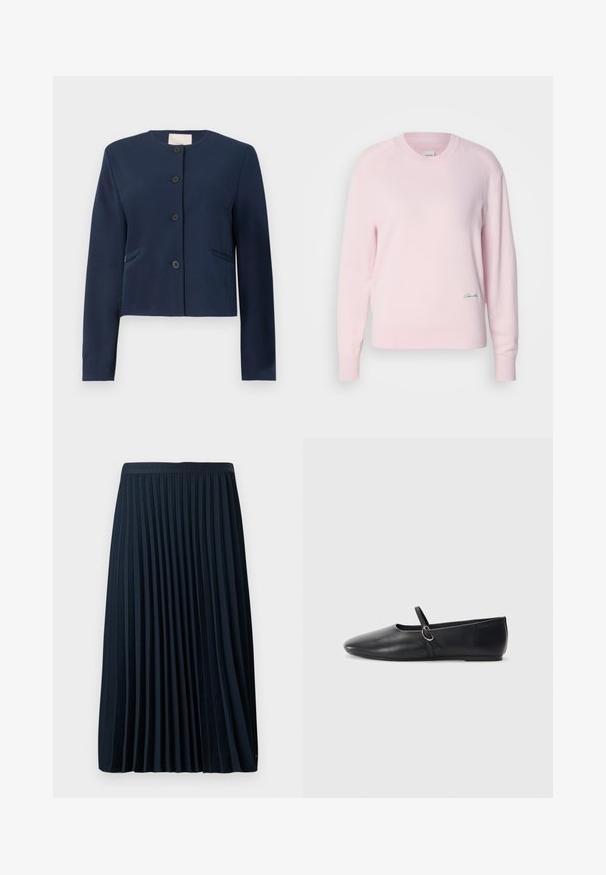 Chaqueta de manga larga azul marino, sin cuello, con cuatro botones negros y dos bolsillos laterales, de corte entallado.; Suéter rosa claro hecho de un material de punto suave. Presenta un cuello redondo y mangas largas, con un pequeño logotipo verde en la parte inferior izquierda.; Falda plisada azul marino con una cinturilla texturizada, hecha de una tela suave, que presenta pliegues verticales espaciados uniformemente y un diseño de longitud a media pantorrilla.; Bailarinas de cuero negro con punta afilada, suela plana y una pequeña correa con detalle de hebilla plateada.