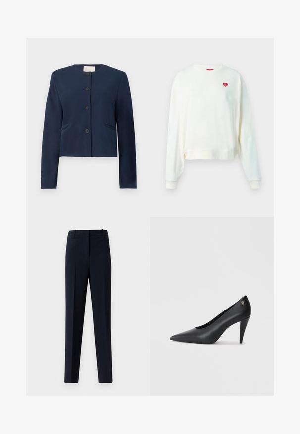 Navy blue pitkähihaisella, kaulattomalla takilla, jossa on neljä mustaa nappia ja kaksi sivutaskua, muotoilu istuva.; Vaalean kermanvärinen collegepaita, jossa on pitkät hihat, ribbireunat kauluksessa ja hihoissa. Rintamuksessa on pieni punainen sydänlogo. Pehmeä kankaan rakenne.; Tummansiniset räätälöidyt dressipöksyt etuviisteellä, vyölenkeillä ja piilossa olevalla etulaskoksella vaalealla taustalla.; Mustien nahkakengät, joissa on korkea korko, kärki terävä, tyylikäs muotoilu ja hillitty kultainen logo korokkeessa, sekä sileä pinta.