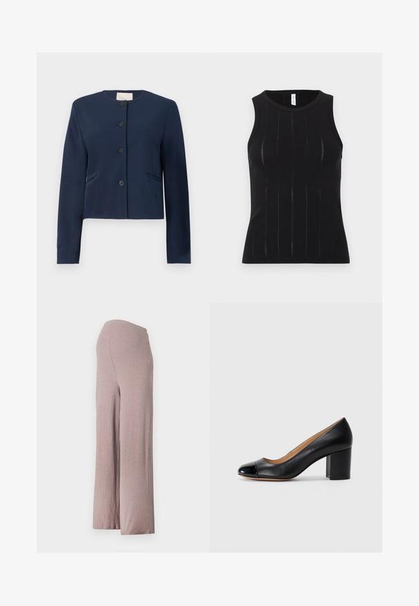 Navy blue pitkähihaisella, kaulattomalla takilla, jossa on neljä mustaa nappia ja kaksi sivutaskua, muotoilu istuva.; Musta hihaton toppi, jossa on pystysuorat linjat ja hienovaraiset leikkaukset sekä uurretun tekstuurin yksityiskohdat. Pyöreä pääntie ja vartalonmyötäinen malli.; Vaaleanpunaiset ribbireunaiset leveälahkeiset housut, joissa on sileä pinta ja joustava vyötärö, flare-siluetti ja pehmeä laskostus.; Geox VIRNILISA - Avokkaat - black