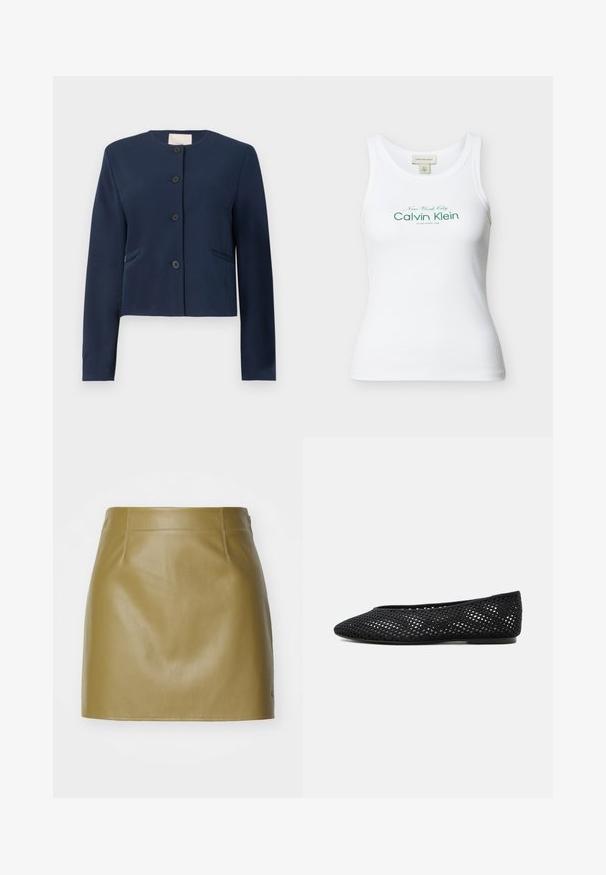 Chaqueta de manga larga azul marino, sin cuello, con cuatro botones negros y dos bolsillos laterales, de corte entallado.; Camiseta de tirantes blanca acanalada de Calvin Klein con texto verde "New York City Calvin Klein Established 1968" en la parte delantera.; Mini falda de cuero verde oliva con una textura suave, que presenta dos costuras frontales y un corte recto, terminada con detalles de costura minimalistas.; Zapato plano de malla negra con puntera cerrada y tacón bajo, con un diseño tejido transpirable y un logo lateral sutil.