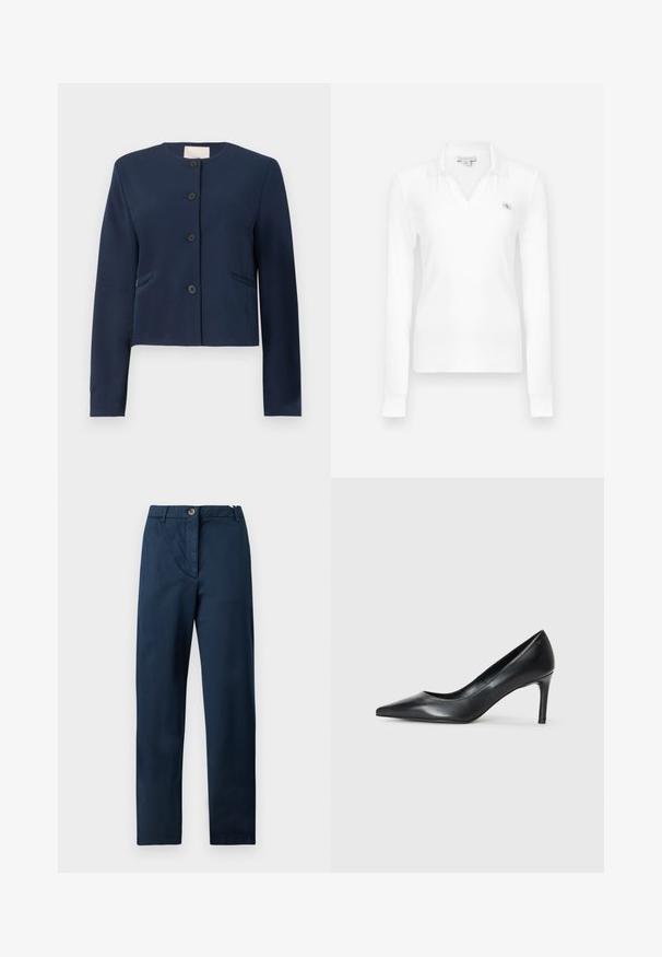 Navyblauwe colberloze jas met lange mouwen, vier zwarte knopen en twee zijzakken, op maat gemaakt.; Witte polo met lange mouwen en een V-hals, met een geribbelde textuur en een klein geborduurd logo op de linkerborst.; Marineblauwe katoenen broek met een vlakke voorkant, ritssluiting en knoopsluiting, zijzakken en een rechte pijp. Gladde textuur, zonder patronen.; Zwarte leren pump met spitse neus en een slanke hak, gladde textuur en geen zichtbare versieringen. Schoon ontwerp met een minimalistische esthetiek.
