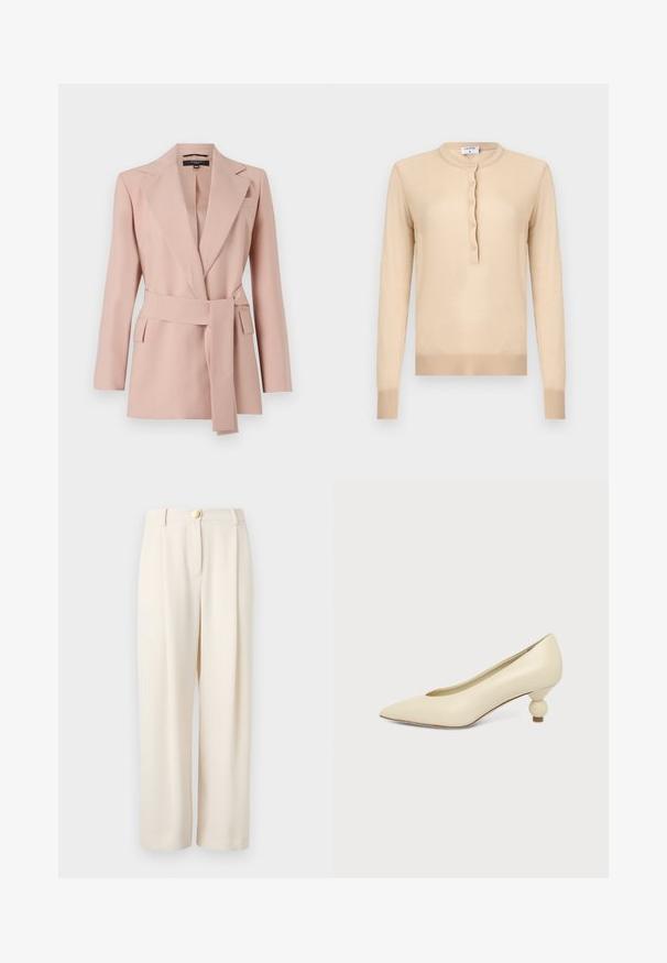 Blush roze blazer met een getailleerde pasvorm, notch revers, wikkelriem en twee zijzakken. Gemaakt van gladde stof met een gestructureerd ontwerp.; Beige trui met lange mouwen, geribbelde boorden aan de mouwen en zoom, voorzien van een ronde hals en een knoopsluiting met vijf knopen aan de voorkant in het midden.; Beige wijde broekspijpen van een gladde stof, met een enkele knoopsluiting, zijzakken en een ontspannen pasvorm voor comfortabel dragen.; Dames schoen in roomkleur met een puntige neus en een lage, ronde balvormige hak op een effen achtergrond.