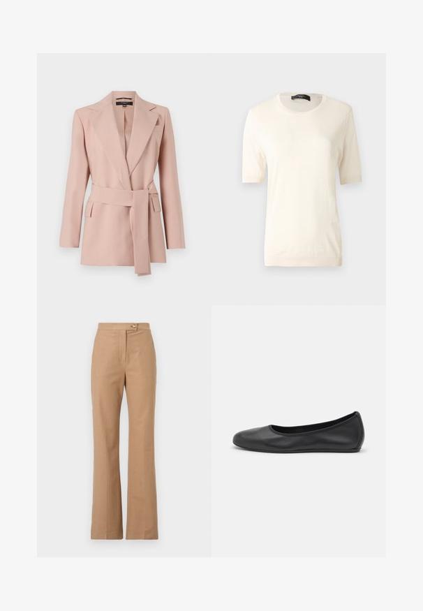 Blush pink blazer med en skræddersyet pasform, skrå klapper, ombukket bælte og to sidelommer. Fremstillet af glat stof med et struktureret design.; Kortærmet, cremefarvet striktrøje med rund halsudskæring, ribbede ærmekanter og kant, vist mod en ensfarvet grå baggrund.; Beige skræddersyede bukser med en flagrende silhuet, lavet af glat stof, med en frontknaplukning og to sidelommer.; Sort læderballetsko med rund tå, glat tekstur, minimal syning og et fleksibelt såldesign.