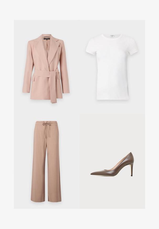 Blush pink blazer med en skræddersyet pasform, skrå klapper, ombukket bælte og to sidelommer. Fremstillet af glat stof med et struktureret design.; Hvid, stribet T-shirt med kortærmer og rund hals. Stoffet ser glat ud med en tætsiddende silhuet. Brandingmærke synligt ved kraven.; Lystebrune, vide benbukser med et stribet mønster, bindebælte i taljen og en glat stofstruktur. Har en ren, skræddersyet silhuet.; Brun læder peptået højhælet sko med en slank stilethæl og glat finish på en lys baggrund.
