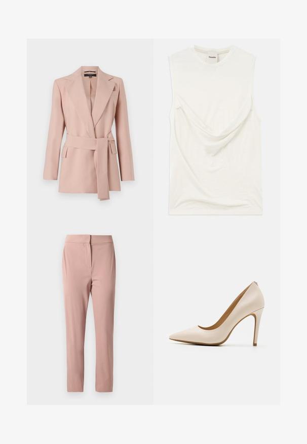 Blush pink blazer med en skræddersyet pasform, skrå klapper, ombukket bælte og to sidelommer. Fremstillet af glat stof med et struktureret design.; Hvid ærmeløs top med draperet detalje foran, lavet af blødt, let stof. Har en rund halsudskæring og en afslappet pasform.; Skræddersyede, højtaljede, lyserøde bukser med skjult frontlukning, lavet af glat, letvægtsstof.; Beige højhælede pumpe, spids tå, glat læderfinish, slank stiletthæl, minimalistisk design med en subtil detalje bagpå.