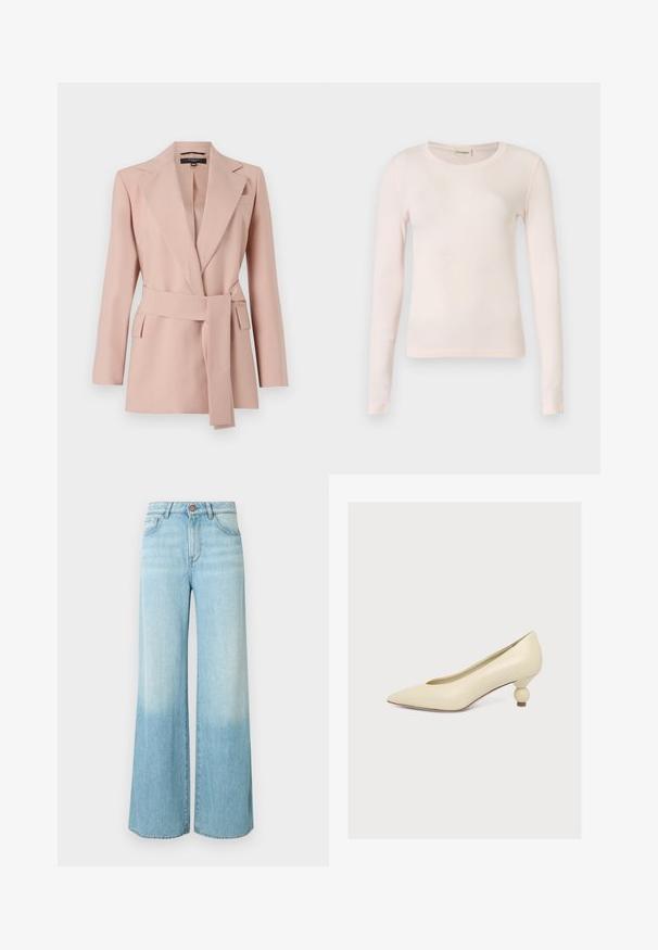 Blush pink blazer med en skræddersyet pasform, skrå klapper, ombukket bælte og to sidelommer. Fremstillet af glat stof med et struktureret design.; Lyserød langærmet top lavet af blødt, elastisk stof. Har rund halsudskæring og en tætsiddende pasform uden synlige mønstre eller detaljer.; Lyseblå vidde jeans i denim med falmet vask, høj talje, forlommer og enkelt knaplukning.; Kremfarvet pump med spids tå og lav, unik pæreformet hæl på ensfarvet hvid baggrund.