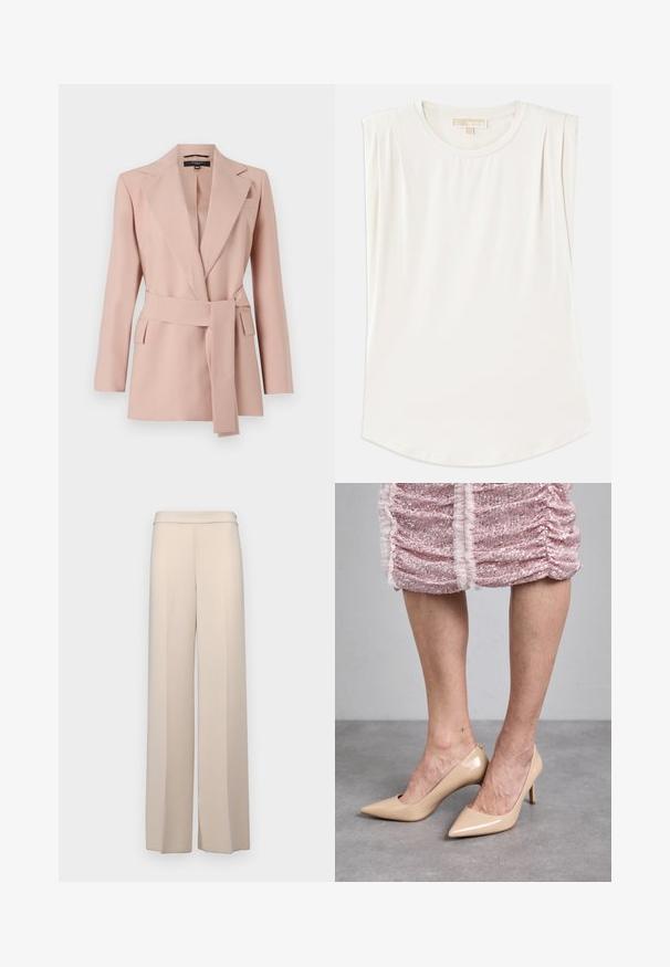 Blush pink blazer med en skræddersyet pasform, skrå klapper, ombukket bælte og to sidelommer. Fremstillet af glat stof med et struktureret design.; Hvid ærmeløs top lavet af glat stof, med en rund hals og subtile plisseringer på skuldrene, samt en buet kant.; Beige vidde bukser i et glat stof med høj talje og subtile frontfolder. Ingen lommer eller synlige hardware detaljer.; Beige patenteret læderhæle med spids tå og slank hæl. Glat tekstur med et strømlinet design. Båret med en pink glitrende kjole.