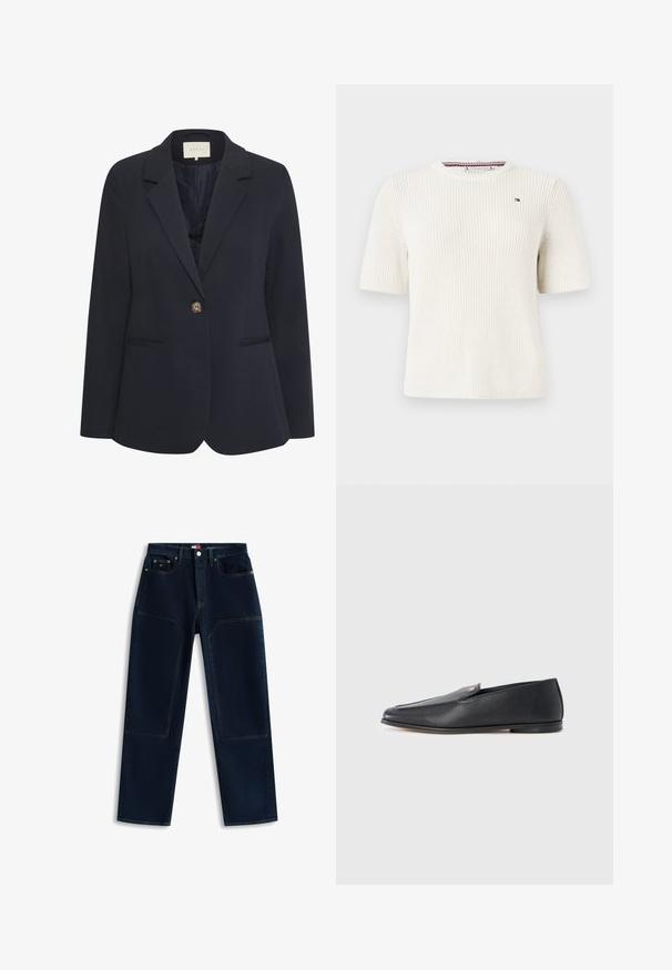 Blazer marine avec un col cranté, fermeture à un bouton, deux poches avant et une texture lisse. Intérieur doublé.; Pull blanc à manches courtes en maille avec un col rond, présentant un petit logo sur la poitrine et un tissu texturé.; Jean droit bleu foncé avec renforts aux genoux, bouton et fermeture éclair à l'avant, et multiples poches, dont une petite poche à monnaie.; Mocassins en cuir noir à texture lisse, bout arrondi et détails de couture subtils. Ils présentent un accent logo doré sur le côté supérieur.