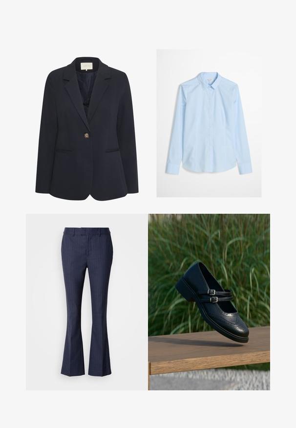 Blazer marine avec un col cranté, fermeture à un bouton, deux poches avant et une texture lisse. Intérieur doublé.; Chemise bleu clair à manches longues, col classique, avec un logo discret brodé sur la poitrine. Tissu lisse et net.; Mos Mosh CARIE - Pantalon classique - maritime blue; Chaussure Mary Jane en cuir noir avec doubles brides bouclées et détails brogue, flottant au-dessus d'un banc en bois avec en arrière-plan de l'herbe verte.