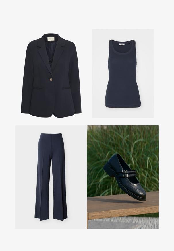 Blazer marine avec un col cranté, fermeture à un bouton, deux poches avant et une texture lisse. Intérieur doublé.; Débardeur bleu marine en coton, avec un col rond, des bretelles étroites et une texture lisse et ajustée avec des ourlets cousus.; Pantalon large bleu marine avec fentes latérales, taille haute et devant lisse, présenté sur un fond blanc.; Chaussure Mary Jane en cuir noir avec doubles brides bouclées et détails brogue, flottant au-dessus d'un banc en bois avec en arrière-plan de l'herbe verte.