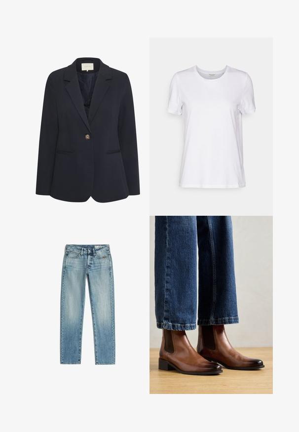 Blazer marine avec un col cranté, fermeture à un bouton, deux poches avant et une texture lisse. Intérieur doublé.; T-shirt blanc à manches courtes en tissu doux avec un col rond et une coupe décontractée. L'ourlet est droit et ne présente aucun motif ni accent.; Jeans slim droits bleu clair avec poches avant et passants pour ceinture, posés à plat sur un fond blanc.; Bottines en cuir marron avec des panneaux élastiques sur les côtés, bout carré et petit talon carré, portées avec un jean en denim bleu. Sol en bois franc en dessous.