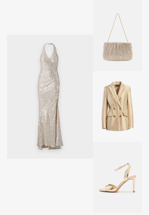 Beige dobbeltbrystet blazer lavet af satin, med en spidse krave, to frontlommer og guldtonede knapper til lukning.; Halter neck glitrende kjole i beige, med en tætsiddende silhuet, sideslids og rynket detaljering for tekstur og visuelt interesse.; ALDO SAKE - Sandaler m/ skaft - gold; Plisseret metallic stof håndtaske med en gylden kædestrop, blød rektangulær form, lys beige farve, tekstureret overflade og samlede detaljer.