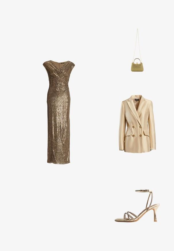 Beige doppelt geknöpften Blazer aus Satin mit Reverskragen, zwei Fronttaschen und goldfarbenen Knöpfen zum Schließen.; Abendkleid ohne Ärmel aus goldenen Pailletten mit V-Ausschnitt, Wickeldesign und figurbetontem langen Schnitt.; Goldene Sandalette mit hohem Absatz, dünnen Riemen mit Strasssteinen über den Zehen und einem Knöchelriemen mit Schnallenverschluss.; Goldfarbene Mesh-Handtasche mit strukturiertem Design, metallischer Kettenriemen und rundem Deckelverschluss. Texturierte Oberfläche mit schimmerndem Finish.