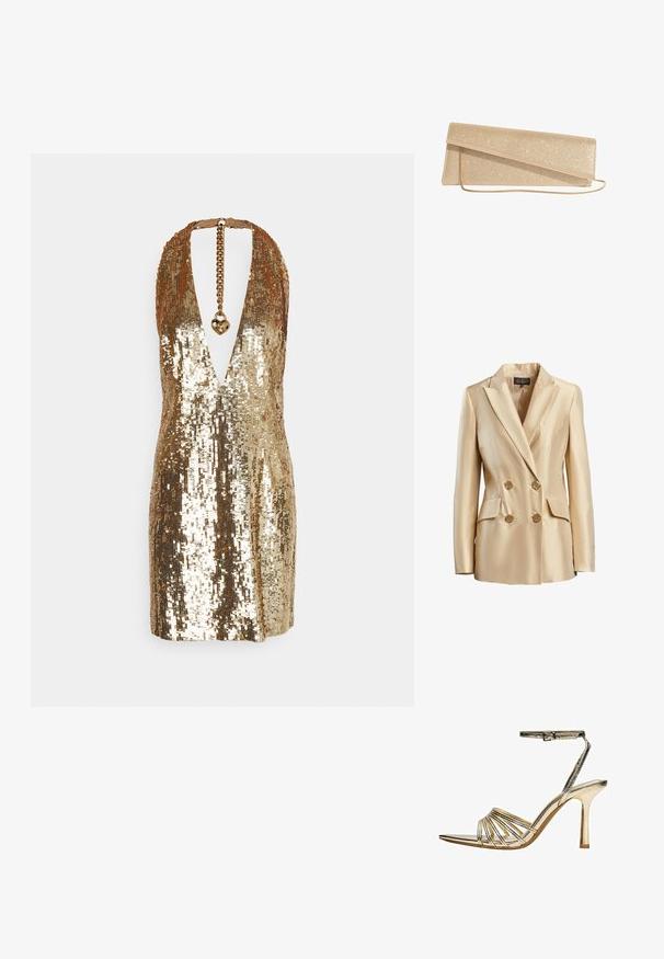 Beige dobbeltbrystet blazer lavet af satin, med en spidse krave, to frontlommer og guldtonede knapper til lukning.; Glitrende, pailletbesat kjole i guldtoner. Har en dyb V-hals og en rygkæde med et hjertecharms. Kort, tætsiddende silhuet.; Guldfarvet højhælet sandal med remme, ankelspænde, åben tå og slank stiletthæl på hvid baggrund.; Guldglitrende rektangulær clutch taske med en tynd guldkæde og diagonal klaplukning.