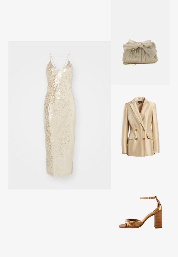 Blazer beige de doble botonadura hecho de satén, con cuello de muesca, dos bolsillos frontales y botones dorados para el cierre.; Vestido de lentejuelas en color crema, con un diseño ajustado, de longitud hasta la rodilla y tirantes delgados. La tela está adornada con brillantes lentejuelas.; Sandalia dorada con tiras, hebilla en el tobillo y tacón ancho, con tiras tejidas sobre los dedos y tacón con textura de madera.; Loeffler Randall PLEATED FRAME WITH BOW - Clutch - platinum