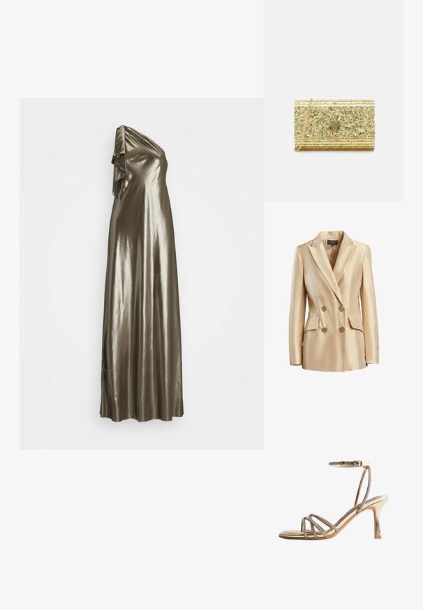 Beige dubbelzijdige blazer van satijn, met een gesneden kraag, twee voorzakken en goudkleurige knopen voor sluiting.; Lauren Ralph Lauren METALLIC CHIFFON ONE-SHOULDER GOWN - Galajurk - silver; Gouden sandalen met hoge hak en dunne bandjes met strassstenen over de tenen, voorzien van een enkelriempje met gesp.; Gouden glitter clutchesac met een gestructureerd oppervlak, voorzien van een decoratieve gouden embleem en een kettinghengsel. Rechteckige vorm met gestructureerde zijkanten.