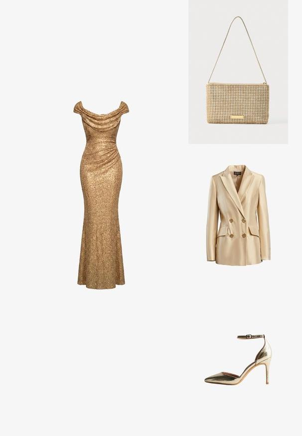 Beige dubbelzijdige blazer van satijn, met een gesneden kraag, twee voorzakken en goudkleurige knopen voor sluiting.; Gouden avondjurk met pailletten, off-shoulder, met geplooide details en een nauwsluitend, tot op de vloer reikend silhouet.; Gouden, textuur ontwerp, hoge hakken met een puntige neus en enkelbandje. Voorzien van een gladde binnenvoering en een slanke stilettohak.; Gouden clutch met een rechthoekige vorm, bedekt met glanzende, zilveren strass-steentjes. Voorzien van een dunne metalen schouderriem en een ritssluiting.