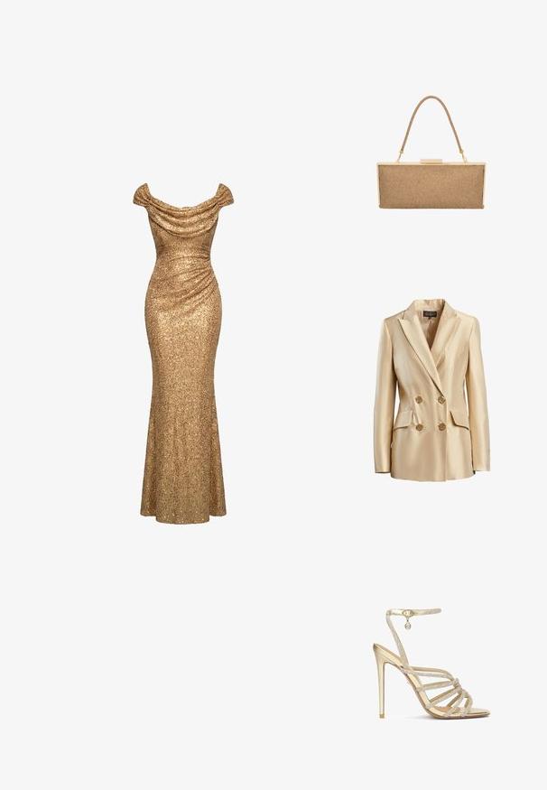 Beige dobbeltbrystet blazer lavet af satin, med en spidse krave, to frontlommer og guldtonede knapper til lukning.; Festkjole i guldbelagte palietter med bar skulder, rynkede detaljer og en tætsiddende, gulvlængde silhuet.; Guld højhælede sandaler med flere krystalbesatte stropper og en ankelrem, med en glat metallisk finish og en spids tå.; Metallic guldfarvet clutch-taske med en vævet tan tekstur, der har et kort håndtag og en lås, rektangulær form. Letvægtsdesign.