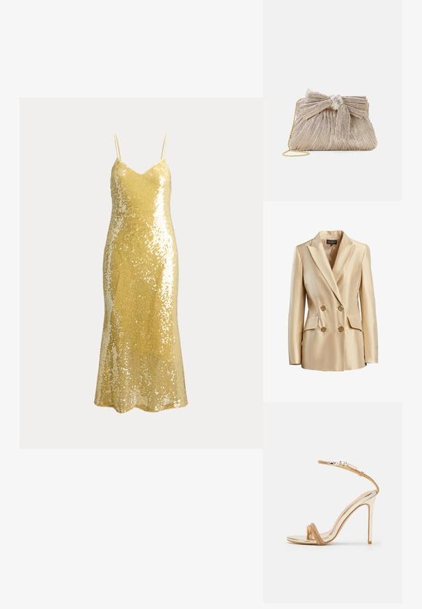 Beige dobbeltbrystet blazer lavet af satin, med en spidse krave, to frontlommer og guldtonede knapper til lukning.; Guld paliettsløws slipkjole med tynde spaghetti stropper og V-udskæring, designet til formelt eller aftenbrug.; Guld høje hæle sandaler med en skinnende metallic finish, tekstureret nude rem og tynd ankelrem fastgjort med en spænde. Åben tå design.; Metallic guld clutch taske med plisseret stof, der har en sløjfedetalje øverst og en gylden kædetras for alsidighed og nem bæring.
