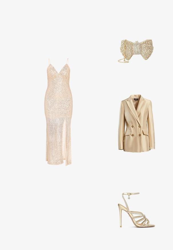 Beige dubbelzijdige blazer van satijn, met een gesneden kraag, twee voorzakken en goudkleurige knopen voor sluiting.; Naaktkleurige jurk met pailletten, een V-hals, dunne bandjes, een aansluitend silhouet en een zijsplit, met een glinsterende textuur en fijne details.; Gouden hoge hakken sandalen met meerdere kralen-omzoomde banden en een enkelbandje, met een gladde metallic afwerking en een puntige neus.; Clutch in goudkleurige strikvorm, bedekt met transparante kristallen, met een ingewikkeld lattice-ontwerp en een gouden kettingriem.