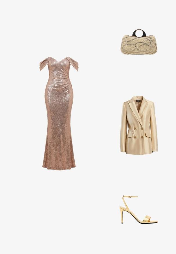 Beige doppelt geknöpften Blazer aus Satin mit Reverskragen, zwei Fronttaschen und goldfarbenen Knöpfen zum Schließen.; Bodenlanges Kleid aus roségoldenen Pailletten mit schulterfreien Ärmeln und gerafften Details an der rechten Hüfte.; Goldene Sandalen mit hohen Absätzen aus Kunstleder im Krokodil-Look, mit Knöchelriemen, offener Zehenpartie, schlanken Stiletto-Absätzen und einer glatten, glänzenden Oberfläche.; Kleine rechteckige Clutch-Tasche, dekoriert mit Perlen und metallischen Linien, mit einem runden goldenen Metallgriff oben.
