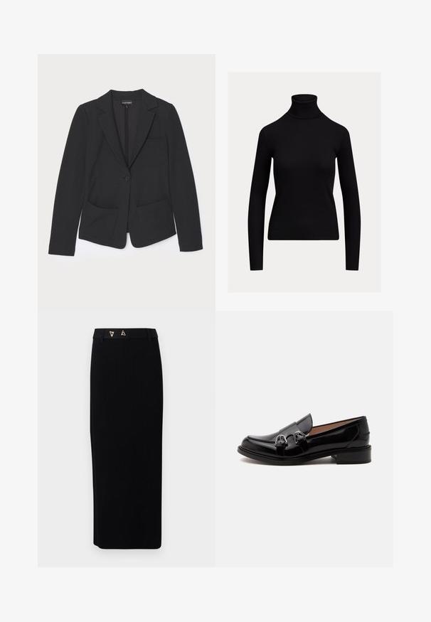 Blazer noir en tissu texturé, avec une fermeture à un bouton, des revers crantés et deux poches avant.; Pull noir ajusté à manches longues avec col roulé et texture côtelée, présenté sur un fond clair uni.; AERON FORUM - Jupe crayon - black; Mocassin en cuir noir brillant avec doubles boucles argentées et petit talon, vu de côté sur fond blanc.