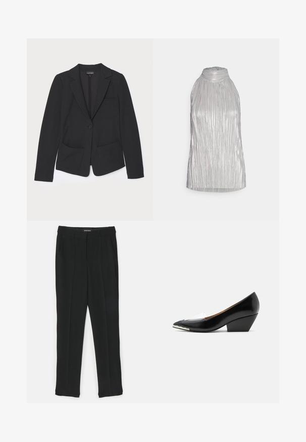 Blazer noir en tissu texturé, avec une fermeture à un bouton, des revers crantés et deux poches avant.; Top halter plissé argenté avec un col montant, présentant des textures verticales et un design fluide, terminé par une surface lisse et scintillante.; Pantalon noir au design droit, avec plis, poches latérales et texture lisse. Fabriqué en tissu léger.; Chaussure femme noire à talon bas avec bout pointu, bride transparente et détail blanc sur l'avant de la semelle, vue de profil sur fond blanc.