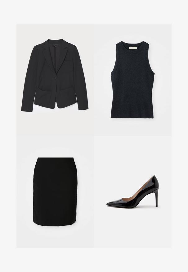 Blazer noir en tissu texturé, avec une fermeture à un bouton, des revers crantés et deux poches avant.; Débardeur en tricot gris foncé sans manches avec col rond, posé à plat sur un fond blanc.; Jupe crayon noire avec une texture lisse, de forme droite, et un ourlet à hauteur des genoux. Aucun motif ni détail matériel visible.; Escarpin en cuir verni noir à talon haut avec bout pointu et talon aiguille, présenté de profil sur un fond blanc uni.