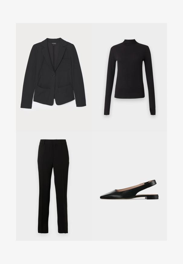 Blazer noir en tissu texturé, avec une fermeture à un bouton, des revers crantés et deux poches avant.; Haut noir ajusté à manches longues avec col montant, présenté sur un fond gris clair uni.; Pantalons noirs ajustés en tissu lisse, présentant une coupe droite, des plis creux, des passants de ceinture et une fermeture éclair.; Chaussure plate en cuir noir avec bride arrière, bout pointu et petit talon carré sur fond blanc.