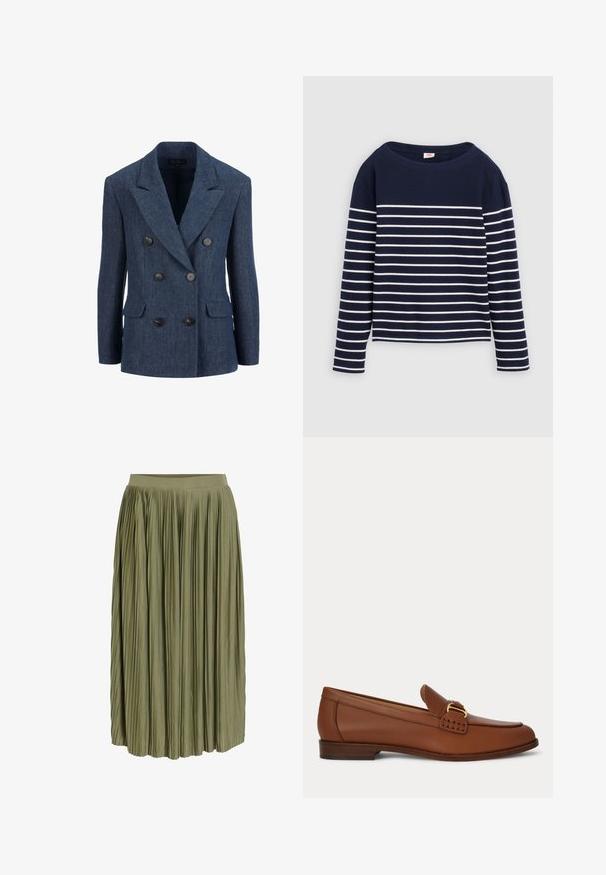 Blazer croisé en tissu bleu foncé à finition texturée, doté de grands boutons noirs et de deux poches avant. Revers crantés présents.; Levi's® MARIN STRIPE - T-shirt à manches longues - navy/egret; Jupe midi plissée vert olive avec une taille ajustée et des plis verticaux espacés uniformément.; Mocassin en cuir marron avec détail de boucle dorée et petit talon en bois, présenté de côté sur un fond uni.