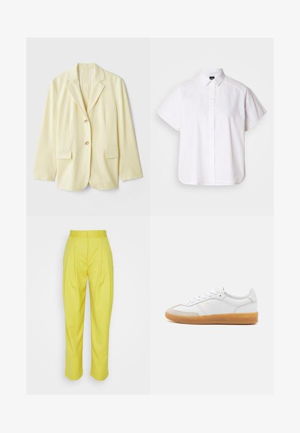 Blazer jaune clair en tissu lisse, avec un col à revers, deux poches avant et deux boutons. Silhouette ajustée avec une coupe droite.; Chemise blanche à manches courtes, à boutons, avec un col pointu et un ourlet arrondi. Fabriquée en coton, elle possède une texture lisse et sans motifs visibles.; Samsøe Samsøe LUZY TROUSERS - Pantalon classique - celery; Baskets en cuir blanc avec des accents en suédine beige, semelle en caoutchouc gomme et design à lacets. Présente un logo discret en doré.