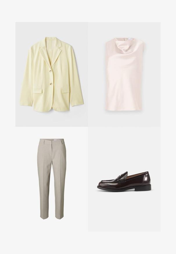 Blazer jaune clair en tissu lisse, avec un col à revers, deux poches avant et deux boutons. Silhouette ajustée avec une coupe droite.; Haut sans manches style soie de couleur beige doux avec un col bénitier drapé. Doté d'une fermeture éclair discrète au dos et d'une texture lisse et brillante.; Pantalon beige sur mesure avec passants pour ceinture, fermeture éclair avant et plis marqués sur les jambes, présenté sur fond blanc.; Mocassin penny pour homme en cuir brun foncé poli avec talon bas et détails cousus sur fond blanc.
